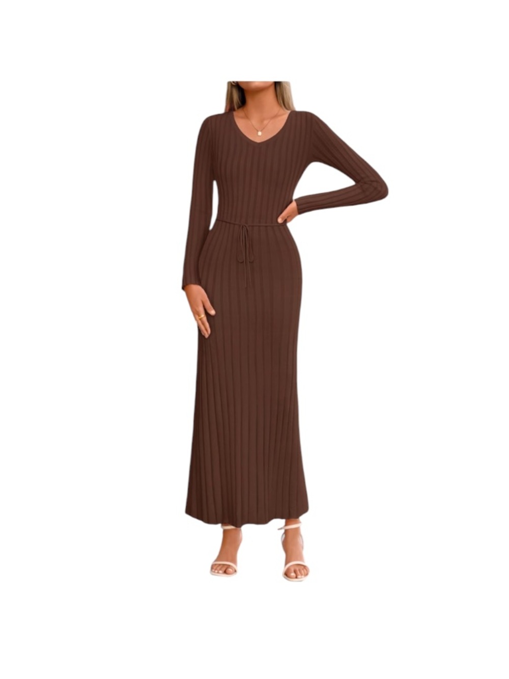 Zesica Sweater Dress Long Sleeve V Neck Ribbed Knit Cocktail Bodycon Maxi -Brown
